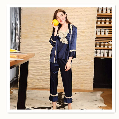 

Simulation silk pajamas ladies spring dress robes trousers three-piece suit home service STZ637