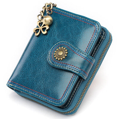 

Nalandu Nalandu Vintage National Embroidered Zip Wallet Womens Short Leather Korean Edition Coin Purse QB81072-G Peacock Blue
