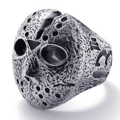

Hpolw Vintage Biker Mens Halloween Jason Mask Stainless Steel Ring Band Silver