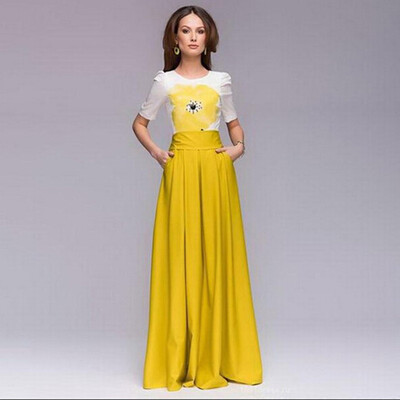 

Lovaru ™2015 Women Summer Style Yellow Maxi Dress O-neck Short Sleeve Patchwork Elegant Casual Summer Long Dress