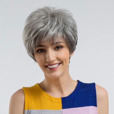 

BLONDE UNICORN Fluffy Pixie Cut Short Hair Wigs Gray Black Ombre Highlights Human HairSynthetic Blend Wigs With Side Bangs