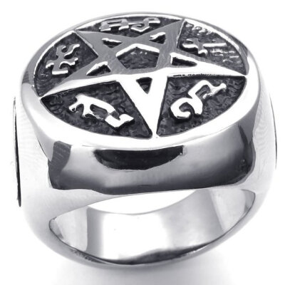 

Hpolw Mens 316L Stainless Steel Carved with sacred Fu Wen men Ring, Vintage fashion Pentagram, Black&Silver