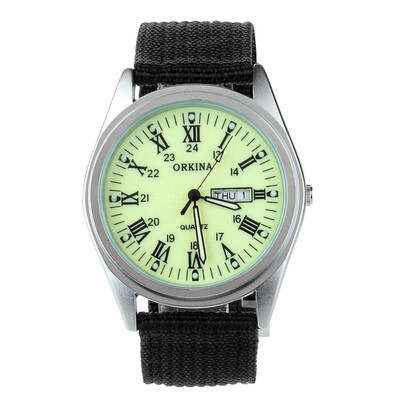 

ORKINA P1012 Mens Military Style Double Calendar Watches w Luminous PointerRoman Dial -BlackLuminous Green