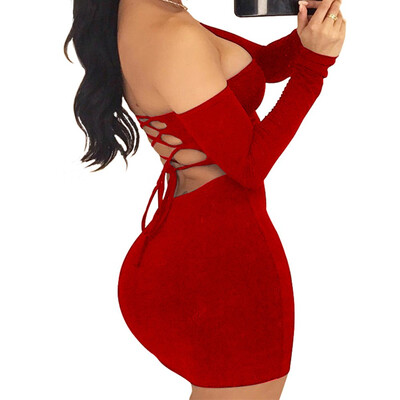 

Fashion Women Sexy Bodycon Mini Dresses Solid Long Sleeved Wrap Keyhole Hollow Mini Club Party Hip Package Evening Dress