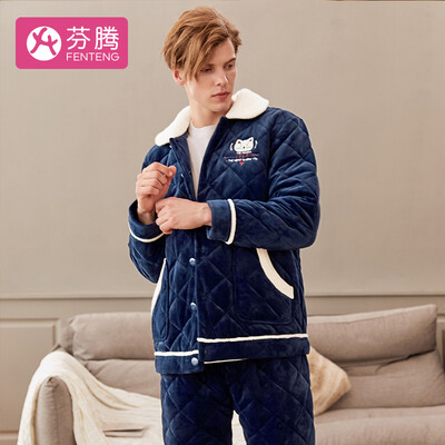 

Fenton thickening plus velvet warm mens pajamas fun couple models 2018 autumn&winter new cartoon pattern lapel comfortable long-sleeved home service L98950083 Baolan XL