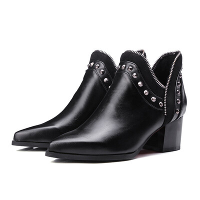 

IDIFU Womens Sexy Rivets Studded Pointed Toe Booties Block Mid Heel Slip-on Ankle Boots