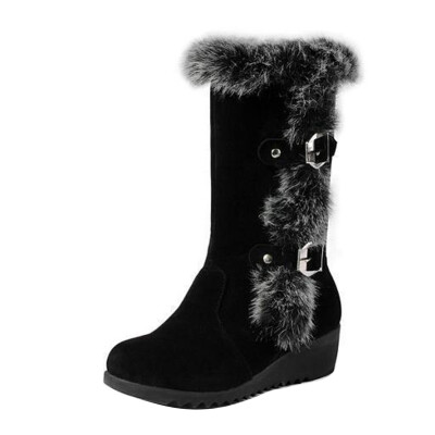 

Women Lady Faux Leather Rabbit Fur Buckles Mid Calf Wedge Heel Snow Boots Shoes