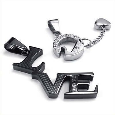 

Hpolw NEW Fashion Popular Mens&Womens Couples Stainless Steel Pendants "Love" Necklace Set