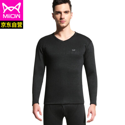 

Cat people thermal underwear men plus velvet thickening youth round neck autumn clothing long trousers thick section bottoming warm set SQF206001 black gray V-neck 185110