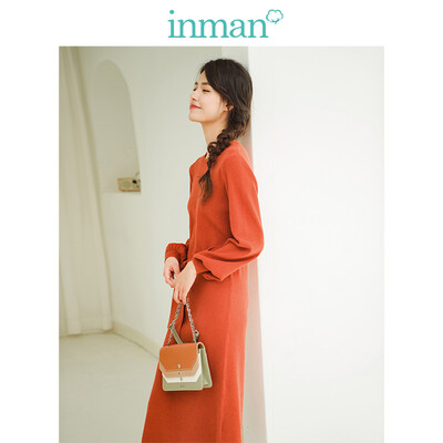 

INMAN 2018 winter new round neck with belt retro ladies long woolen dress female 1884451596 orange red XL