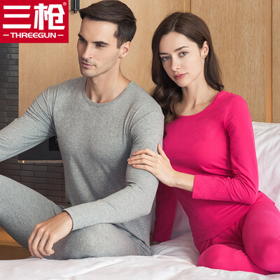 

Three gun cotton Lycra men&women thermal underwear set Shu skin soft cotton Lycra round neck Slim men&women Qiuyi Qiuku set mens light gray 2XL