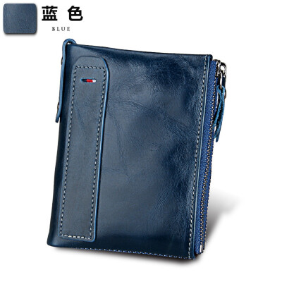 

Crazy Horse Leather Mens Wallet Leather Short Anti-RFID Pirate Brush Mens Wallet Double Zip Wallet