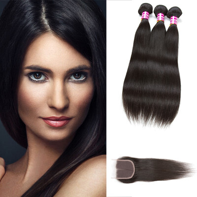 

Glary Brazilian Virgin Hair Straight 3 Bundles With Closure Middle Part Unprocessed Human Hair Bundles with Closure Natural Black