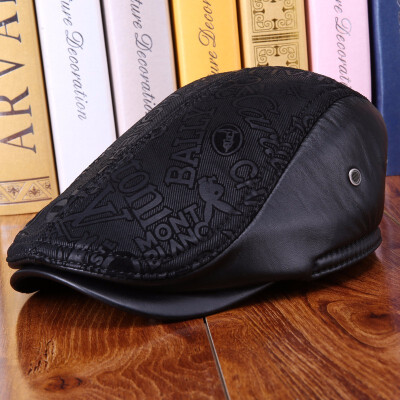 

2018 Winter Men Genuine Sheepskin Hat Elder Warm Leather Cap Father New Year Gift Suede Beret Printing Baseball Hat B-7266