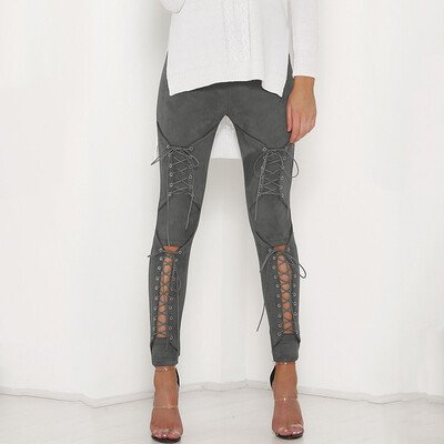 

Punk Women Fashion Suede Lace Up Pants 2018 Criss Cross Bandage Corn Eye Casual Pencil Trousers Pantalon Mujer Streetwear