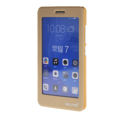 

MOONCASE Huawei Honor 7 Case Litch Skin Full Screen View Leather Flip Pouch Bracket Back Cover Gold