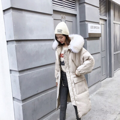 

Winter 2018 Korean version of the long knee-length large-pocket raccoon fur collar pull rope to show off a thin womans down jac