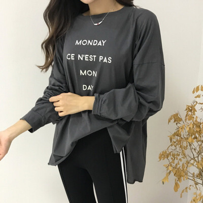 

2018 new arrival korean letter printing loose thin&long irregular T-shirt womens long sleeves