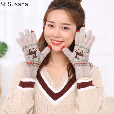 

St Susanna wool gloves female winter Korean cute student cartoon warm outdoor riding driving touch screen ladies gloves SSN890 khaki color code