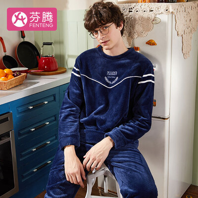

Fenton coral fleece mens pajamas 2018 autumn&winter new fashion round neck pullover soft jade rabbit long-sleeved pajamas mens home service M98940811 Baolan L