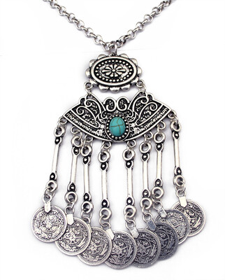 

Idealway Vintage Silver Alloy Coin Tassel Oval Natural Turquoise Pendant Necklace Women Jewelry