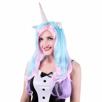 

28" Unicorn Cosplay Wig Long Natural Wave Synthetic Fake Hair 340gpcs Club Party Wigs For White Women Heat Resistant Pink Blue