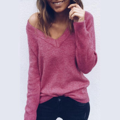 

2018 New Casual Women Two Sides V Neck Knitted Sweater Sexy Cute Knitwear Pullovers