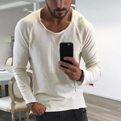 

Mens Fashion Casual Breathable Round Neck Long Sleeve Solid Color Raw Edge T-Shirt