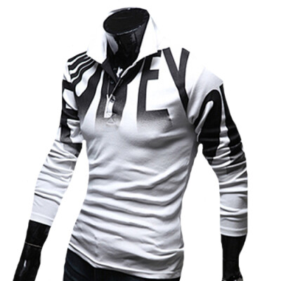 

CT&HF Men Leisure Fashion T-Shirt Letters Printed Cotton Tops Long Sleeve T-Shirt Lapels Contracted Silm POLO Blouse