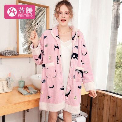 

Fenteng Ms Coral Velvet Pajamas Nightdress 2018 Autumn&Winter New Print Lapel Cardigan Casual Jade Rabbit Velvet Long Sleeve Home Wear J98941564 Pink Purple L