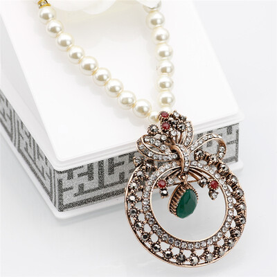 

Brand Design Turkish Women Round Pendant Necklace Antique Gold Color Beads Hollow Flower Bow Long Ethnic Banquet Jewelry Gift