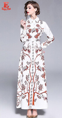 

S M L XL vintage new autumn 2018 women long maxi dress long sleeve white digital floral print slim a line ankle length elegant