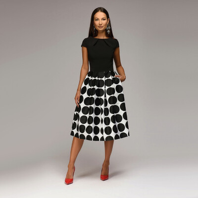 

Women Fit&Flare Party Dress Vintage Dot Print Summer Casual Dress