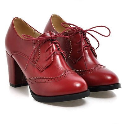 

IDIFU Womens Trendy Round Toe Brogue Oxfords Shoes Block High Heel Lace-up Ankle Boots