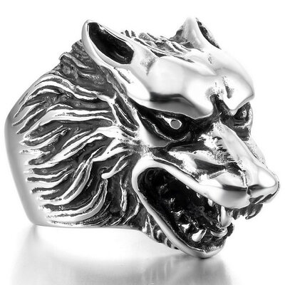 

Hpolw Mens Stainless Steel Rings Silver Black Wolf Head Gothic Biker