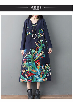 

new national wind long-sleeved loose big yards cotton linen dress dish buckle