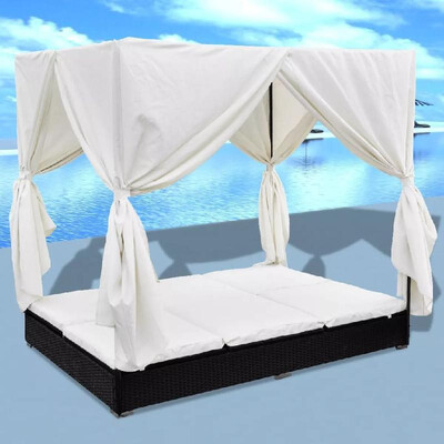 

Sunlounger with Curtains Poly Rattan Black