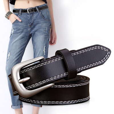 

HAUTTON ladies Korean version of the simple belt female decorative fashion pin buckle leather thin waist pants NZK02 silver alloy buckle black belt 10