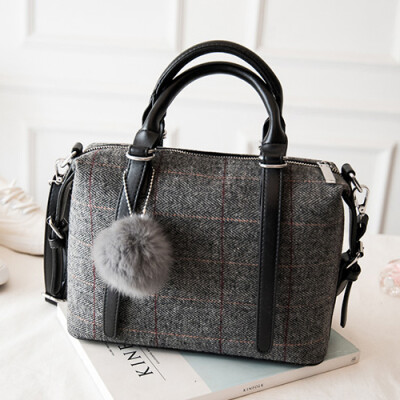 

2016 new woman leather handbag woolen plaid Boston ultra portable shoulder bag brand designer messenger bags tote bags