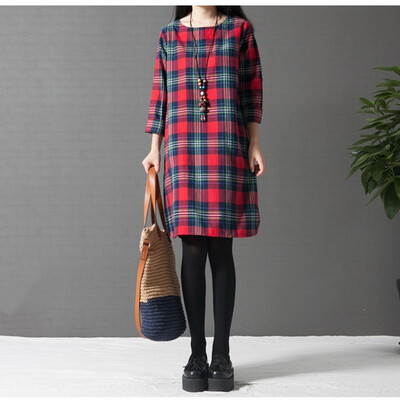 

Check Plaid Women Dress Summer Vintage Art Cotton Linen Pocket Loosen Mii Dress