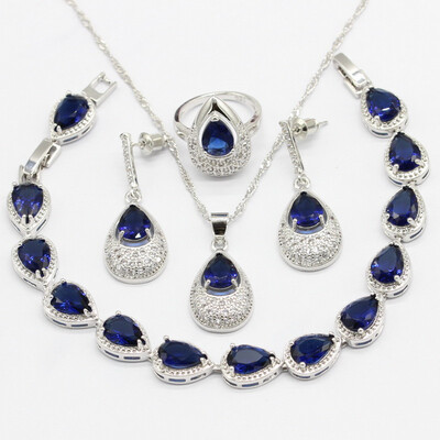 

925 Silver Jewelry Sets For Women Dark Blue Semi-precious Necklace Pendant Bracelets Long Earrings Rings