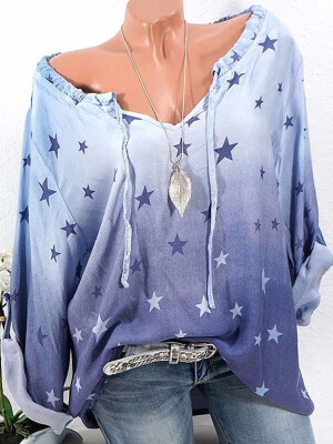 

Lady Casual Star Print Lace Up Shirt Long Sleeve V Neck Loose Style Women Blouse