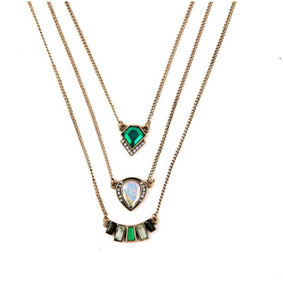 

Aiyaya Vintage Style 3 Level Black Crystal Emerald Waterdrop Square Pendant Necklace Chain
