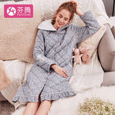

Fenton quilted padded ladies pajamas nightdress 2018 autumn&winter new print hooded long-sleeved home service X98940022 gray flower XL