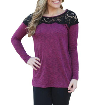 

CT&HF Fashion Women Long Sleeves Cotton and Lace Splicing T-Shirt