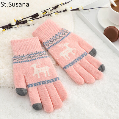 

St Susanna wool gloves female winter Korean cute student cartoon warm outdoor riding driving touch screen ladies gloves SSN890 pink one size