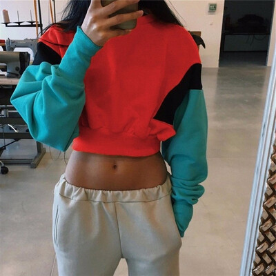 

Women Spring Autumn Cute Pinkycolor Orange Hoodies Long Sleeve Loose Crop Top Sweatshirt Casual Patchwork Cloth