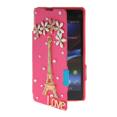 

MOONCASE Rhinestone Crystal Ultre Slim Leather Side Flip Wallet Back ЧЕХОЛ ДЛЯ Sony Xperia Z1 Compact (Mini) Hot pink