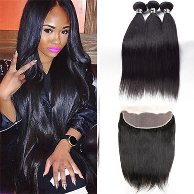

7A Unprocessed Brazilian Virgin Hair Bundles Straight with Lace Frontal 3 Bundles Straight Human Hair With Crochet Frontal 1B Colo