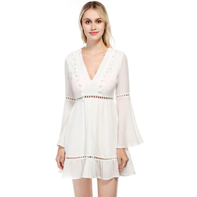 

PREISEI New Women One-piece Dress White Pink Sexy Slim Empire V-neck Long Flare Sleeve Chiffon Mini A-line Dress